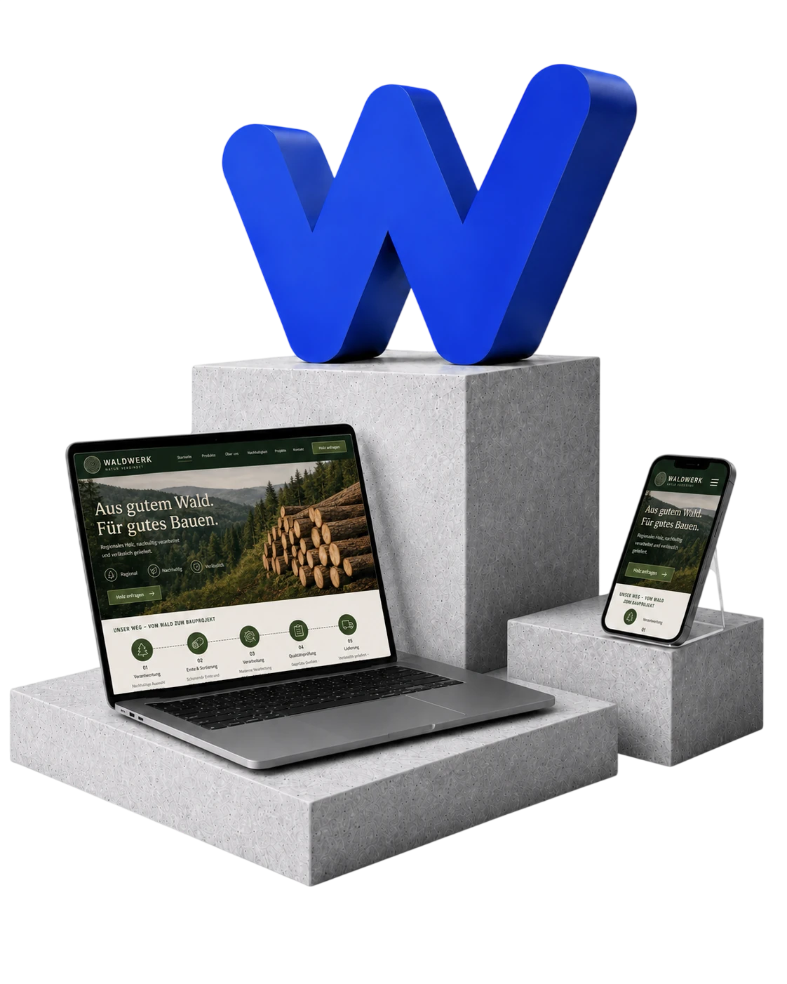 Das blaue webgrad-Zeichen mit einer Website auf Laptop und Smartphone